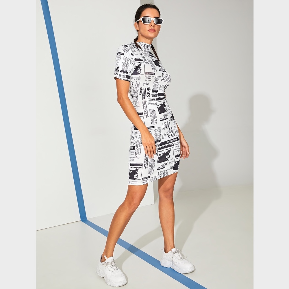 Newspaper Print Slim Mini Dress White and Black - Picture 2 of 8